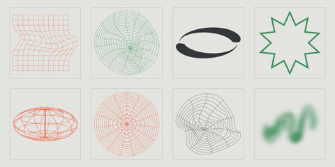 Set of Y2K style vectors of objects. Big collection of abstract graphic geometric symbols. Elements for graphic decoration. Futuristic. Vector illustration