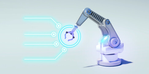 AI Robot Arm and Information Callout 3D Rendering in Light Background for Intelligence Content, Medical, Autonomous, Smart Factory or Industry 4.0 Content.