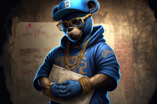 Real rapper with sunglasses, a gold chain, and a blue cap poses with a cool hip hop bear wearing casual clothing and holding a graffiti style sign. Generative AI