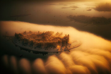 Qatar, the Persian Gulf, seen from above as the morning fog obscures the island of Pearl Qatar in Doha. Generative AI