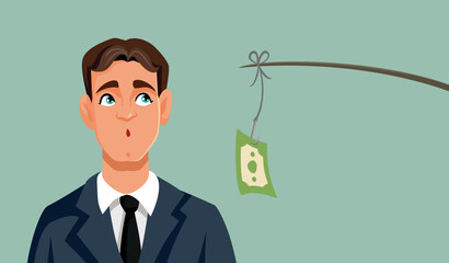 Businessman Interested in Easy Money Bait Vector Concept Illustration. Surprised guy thinking about receiving illicit gains
