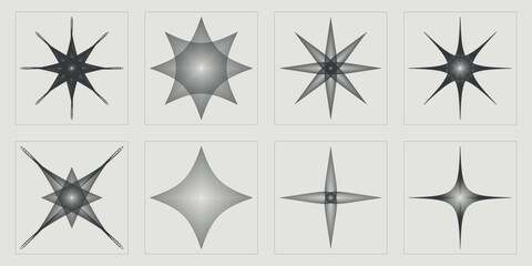 Retro futuristic elements for design. Big collection of abstract graphic geometric symbols. Templates for notes, posters. Stars, starburst . Vector illustration