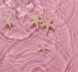 Sea stars in pink water with shadows. Top view