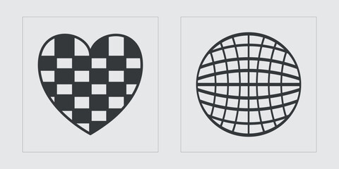 Retro futuristic elements for design. Big collection of abstract graphic geometric symbols. Flat minimalist icons. Isolated on black background. Vector illustration