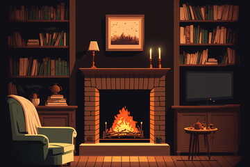 fireplace in a cozy room minimalist design, vector illustration, Christmas background, illustration 