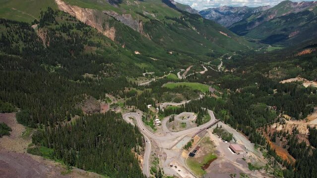Aerial View of Windy Road, Part of Million Dollar Highway, Red Mountain Pass, Colorado USA