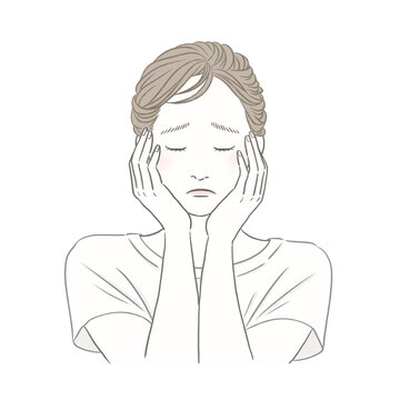 目を瞑る困り顔の女性 表情イメージイラスト 美容 健康 メンタルヘルス