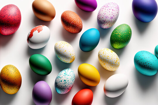 painted eggs in a variety of colors on a white backdrop. Generative AI