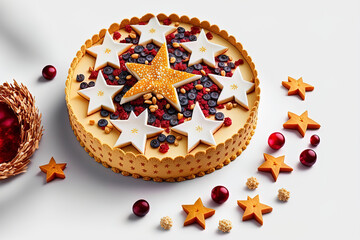 On a white table, delicious Christmas cheesecake with stars made of biscuits and cranberries. Generative AI