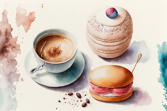 On a white backdrop, a hand painted watercolor picture of a macaroon, marshmallow, souffle biscuit, and a cup with coffee features. Generative AI