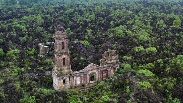 FAST ORBIT OF PARICUTIN VOLCANO CHURCH IN SAN JUAN PARANGARICUTIRO