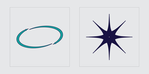 Set of Y2K style vectors of objects. Trendy geometric postmodern figures. Elements for graphic decoration. Stars, starburst . Vector illustration