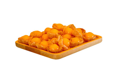 Yellow fruit Cape gooseberries tropical in wood tray isolated on white background , clipping path