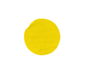 Blank yellow circle adhesive paper sticker label with a folded edges isolated on white background ,...
