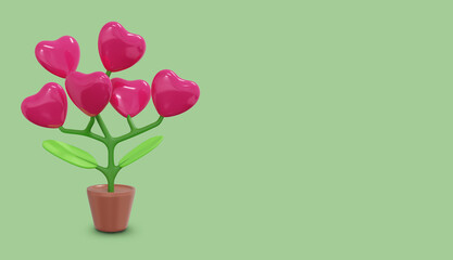 Pink heart flower tree on green background