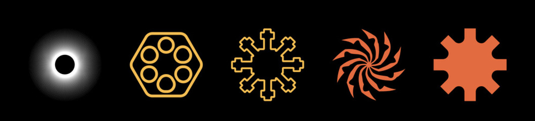 Brutalism shapes. Retro futuristic graphic ornaments. Elements for graphic decoration. Isolated on black background. Vector illustration