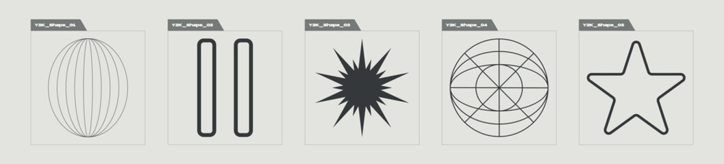 Collection of Y2K elements. Trendy geometric postmodern figures. Modern abstract forms. Isolated on black background. Vector illustration