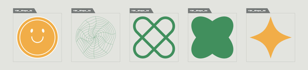 Collection of Y2K elements. Trendy geometric postmodern figures. Flat minimalist icons. Anti-design. Vector illustration