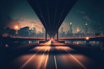 Nighttime asphalt road under the bridge with a stunning metropolitan skyline in the backdrop. Generative AI - obrazy, fototapety, plakaty