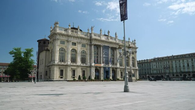 Wide, Establishing shot of Palazzo Madama. Italy, Turin. No people. Empty street.