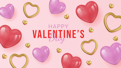Valentine's day background with balloons heart and golden hearts. Vector illustration. Wallpaper, flyers, invitation, posters, brochure, banners.