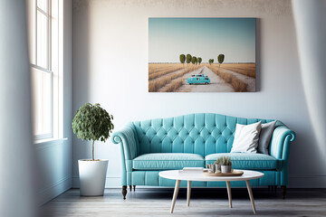 Modern light blue sofa and white wooden table in a colorful photograph. Generative AI