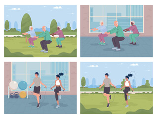 Exercising together flat color vector illustration set. Seniors workout in gym. Training outside. Doing jumping rope. Fully editable 2D simple cartoon characters with sport club on background