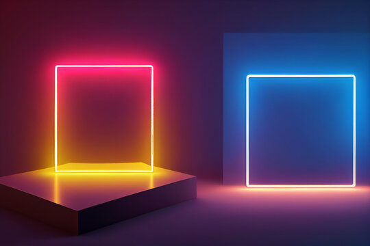 Square rectangle picture frame with two tone neon color motion graphic on isolated black background