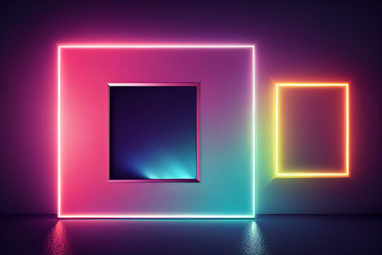 Square rectangle picture frame with two tone neon color motion graphic on isolated black background