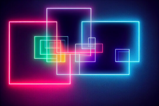 Square rectangle picture frame with two tone neon color motion graphic on isolated black background