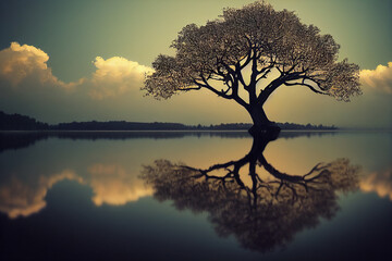 tree of life reminiscent of Yggdrasil reflected in an icy lake at night, dramatic starry sky in the background