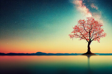 Fototapeta premium tree of life reminiscent of Yggdrasil reflected in an icy lake at night, dramatic starry sky in the background