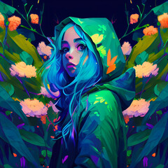 Obraz na płótnie Canvas A portrait of a cute girl with long wild blue hair wearing a green hooded cloak created with generative AI technology.