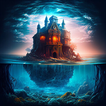 A portrait of a mystical castle in the heart of the sea, created with generative AI technology.