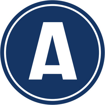 A circular sign in blue color displaying the letter A