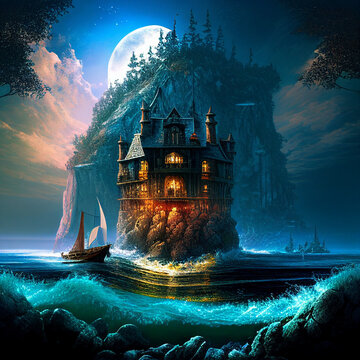 A portrait of a mystical castle in the heart of the sea, created with generative AI technology.