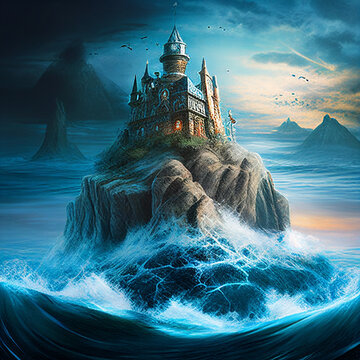 A portrait of a mystical castle in the heart of the sea, created with generative AI technology.