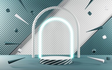 3D render of Podium background in blue tones for displaying cream products. cosmetics