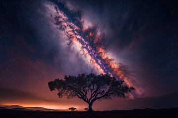 Obraz na płótnie Canvas long exposure shot of a tree silhouette with a cloud and the milky way. Generative AI