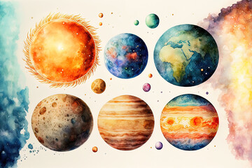 lovely solar system in watercolor. Generative AI