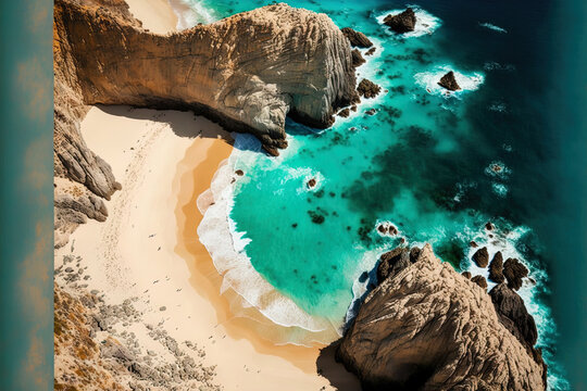 Lovers Beach in Lands End, Cabo San Lucas, Mexico, as seen from above. Lovers Beach is the name of the side that faces the Sea of Cortez, whereas Divorce Beach is the name of the side that faces the P