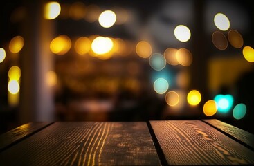 Wooden table blurred bokeh background Neon light, dark background