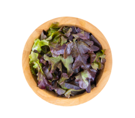 Red oak lettuce in wood bowl on transparent png