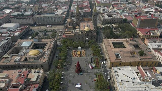 Aerial towards view from the Expiatorio temple to Liberation Square in the Guadalajara. closeup of Illustrious Jaliscienses Roundabout.