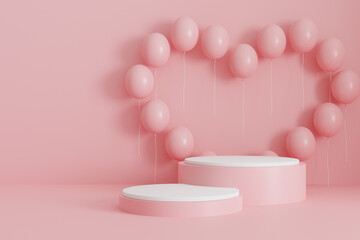 Valentine's day pink background with product display and heart shape balloons. 3d rendering.