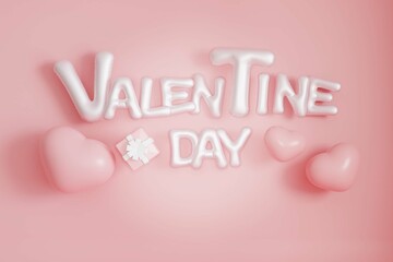 Valentine's day pink background with Valentine lettering and heart shaped balloons. 3d rendering.
