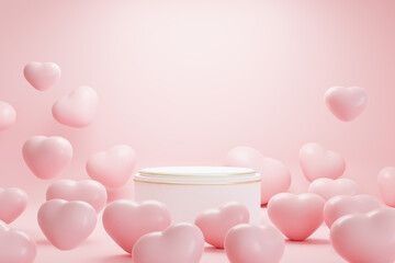 Fototapeta na wymiar Valentine's day pink background with product display and heart shaped balloons. 3d rendering.