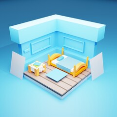 3d illustration Isometric view bed room muji style open inside interior architecture, 3d rendering digital art.