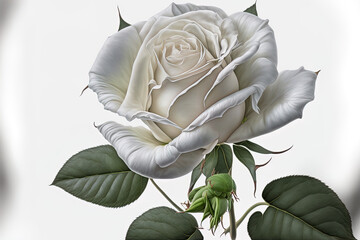 Isolated white rose on a white backdrop. Generative AI