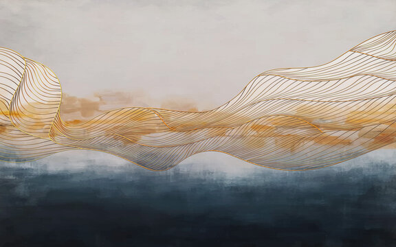 Abstract golden lines watercolor background art wallpaper. © jesse
